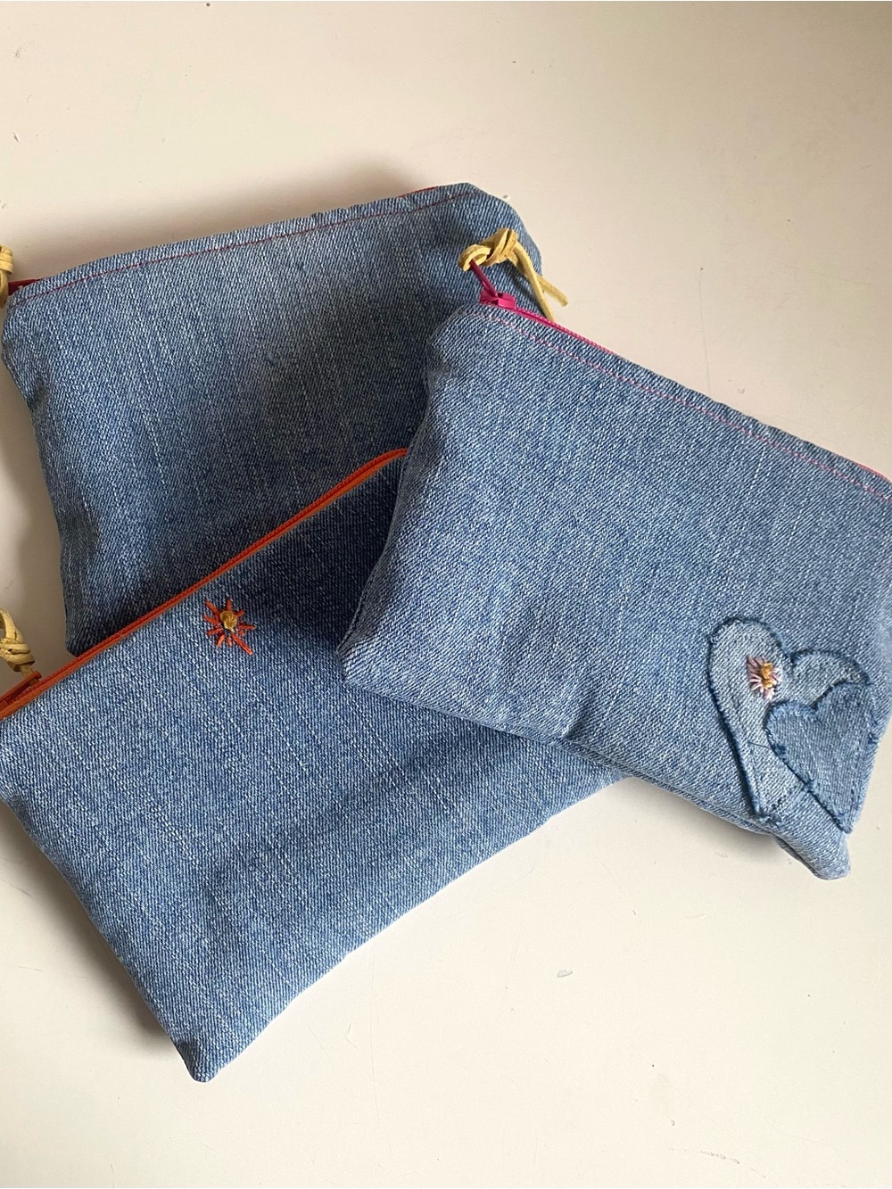 Denim Zip  Coin Pouches Colorful Zippers Set of 3 New Handmade, Pre-Teen gift